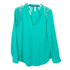 Xhiliration Blouse Women's Size Small Green Emerald Lace Accents Long Sleeve
